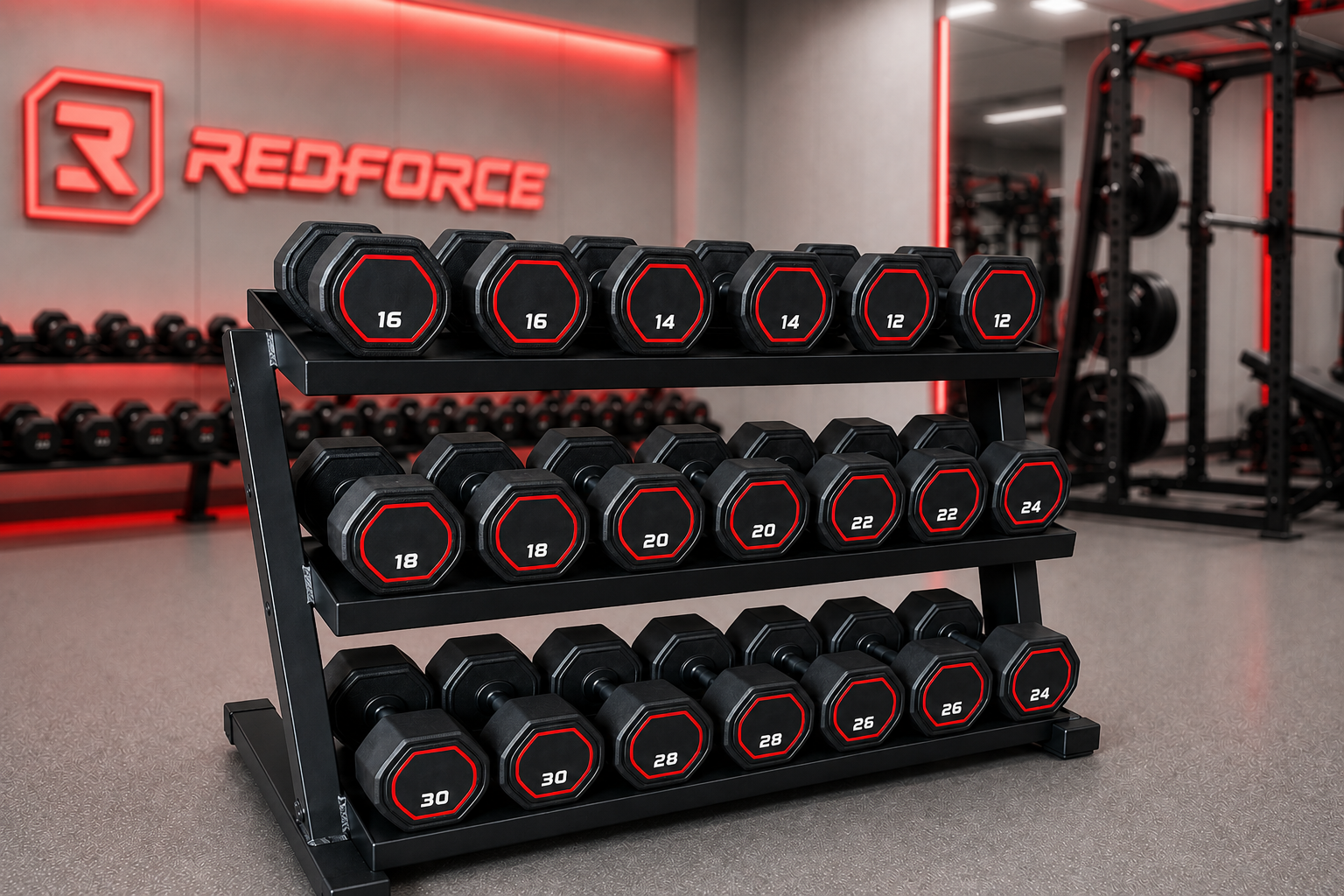 Kit Dumbell Monobloco Injetado Pegada Injetada 12kg a 30kg com Suporte RedForce