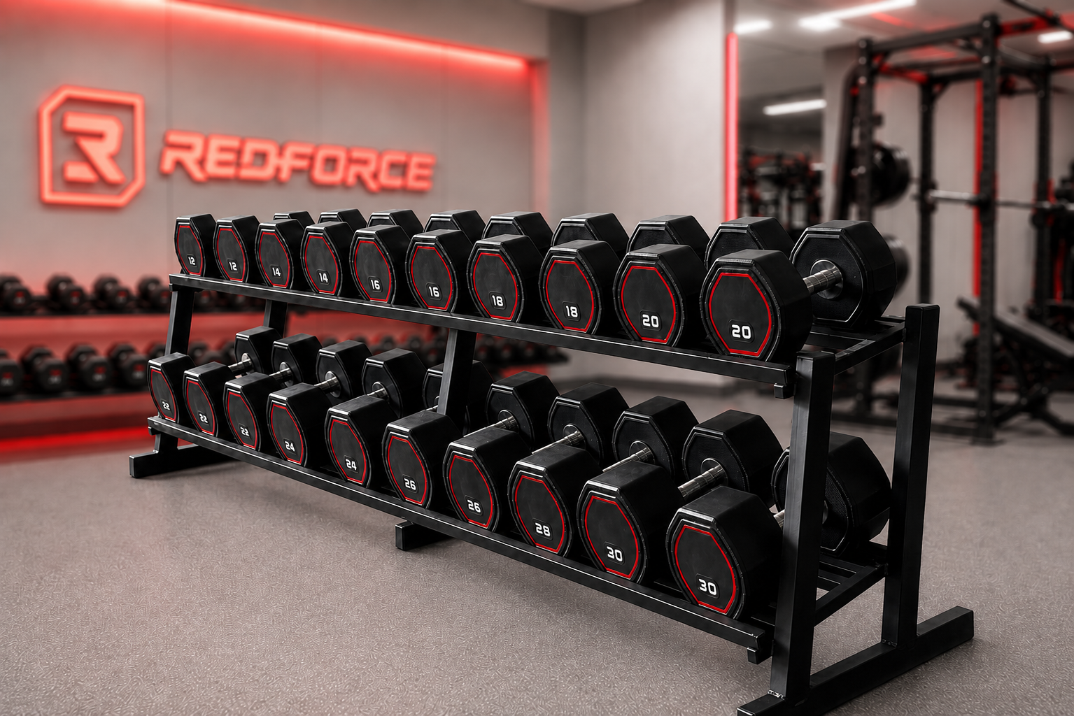 Kit Dumbell Monobloco Injetado Pegada Inox 12kg a 30kg com Suporte RedForce